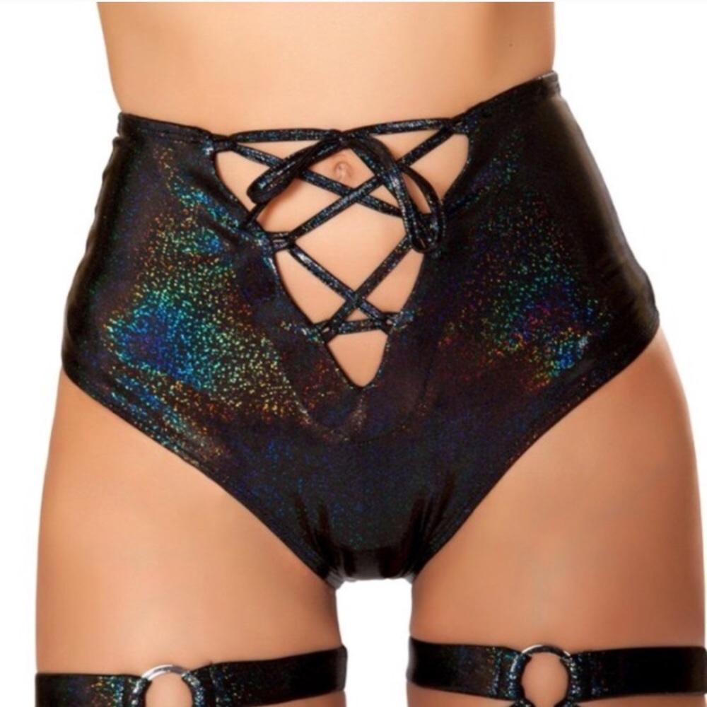Black Holographic Lace Up Booty Shorts